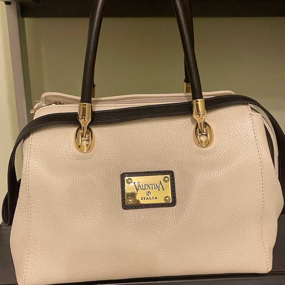Valentina Cream and Dark Brown Leather Shoulder Bag